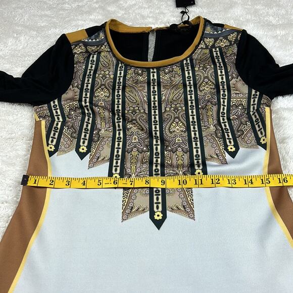 Bocetto long sleeved wiggle sheath dress in mustard, white and black, small - Picture 6 of 12